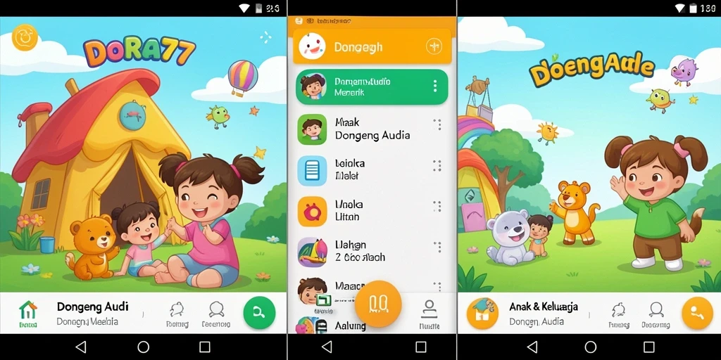 Antarmuka aplikasi DORA77 dengan pilihan dongeng audio untuk anak.